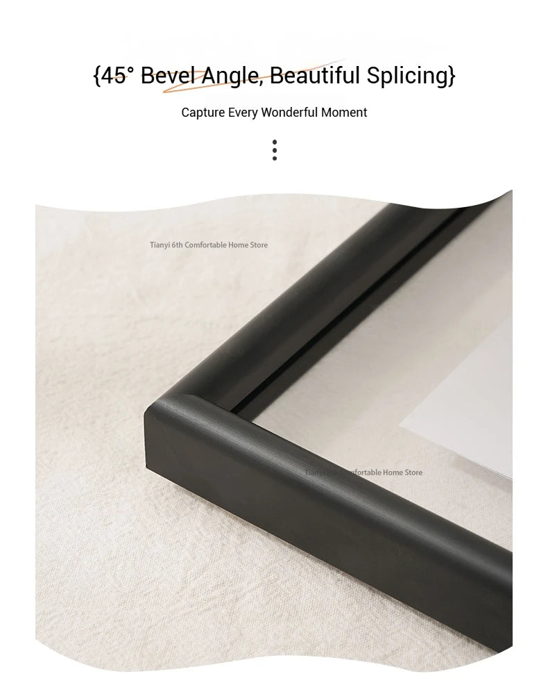 Black frame corner on a textured white background with text about bevel angle and splicing.