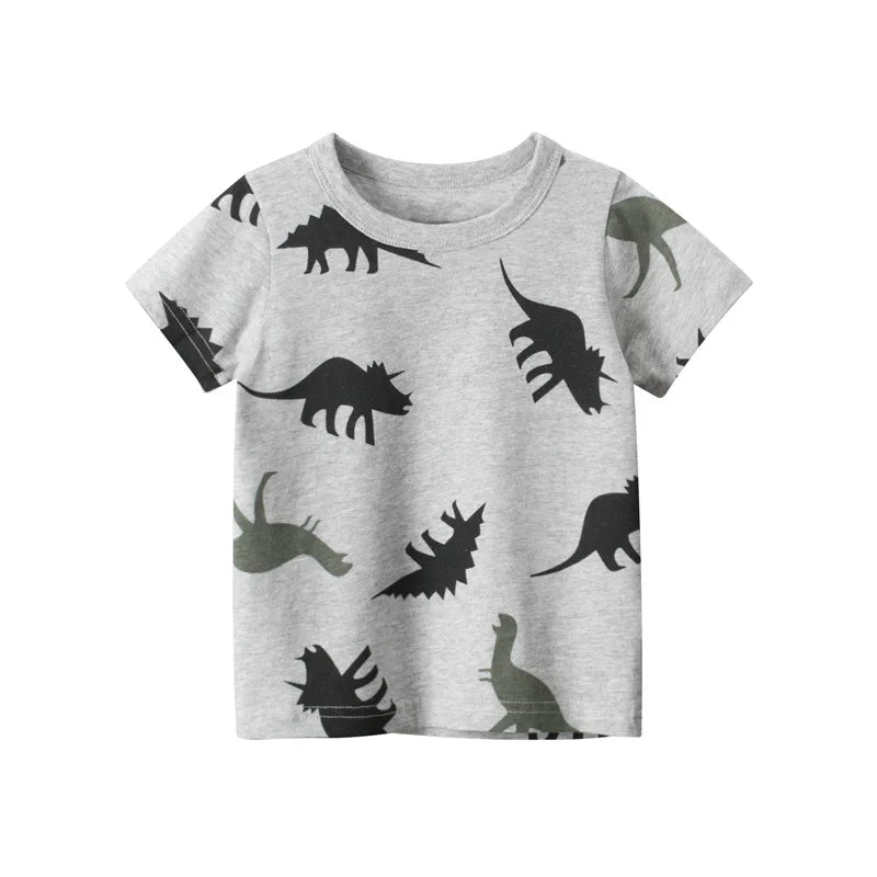 Gray t-shirt with dinosaur patterns on a white background
