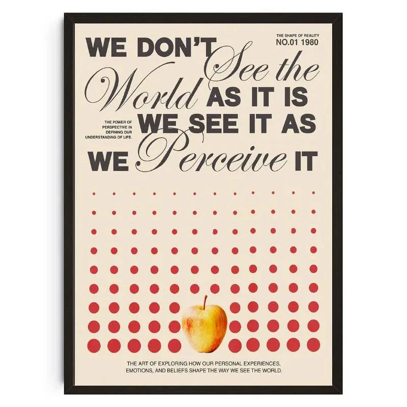 Poster with text 'We don't see the world as it is, we see it as we perceive it' and a red dot pattern.