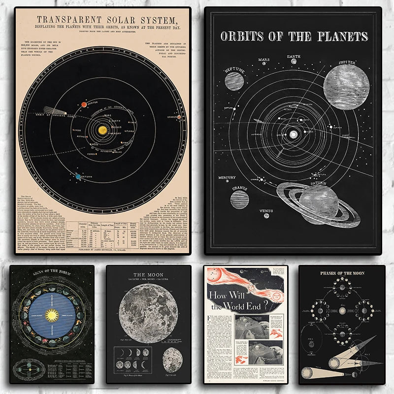 Collection of vintage-style space-themed posters on a white brick wall.