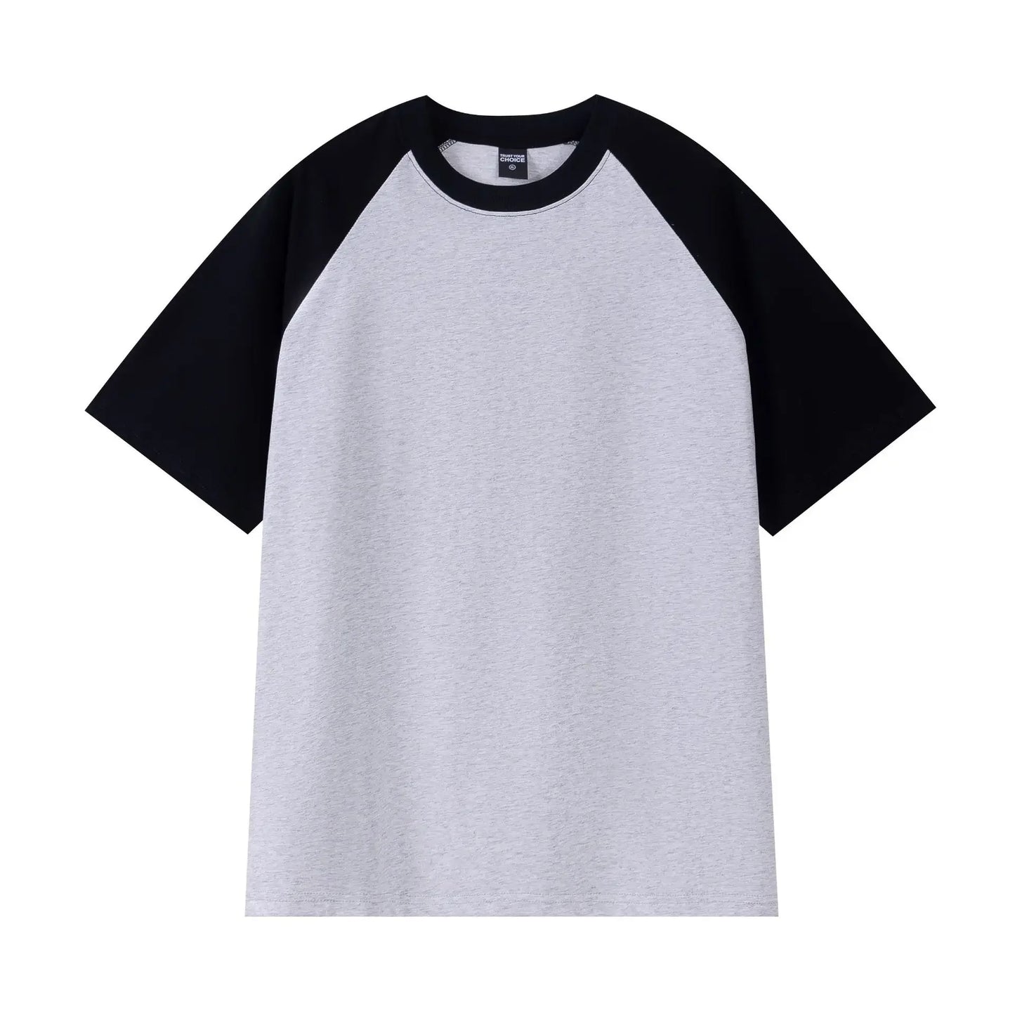 Gray t-shirt with black sleeves on a white background
