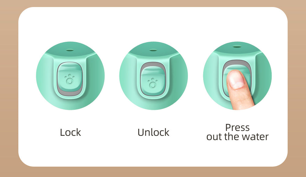 Instructions for using a green device with 'Lock', 'Unlock', and 'Press out the water' labels.