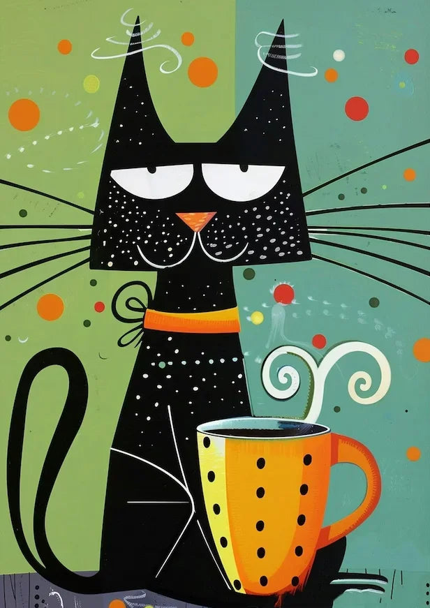 Illustration of a black cat with a polka dot mug on a colorful background
