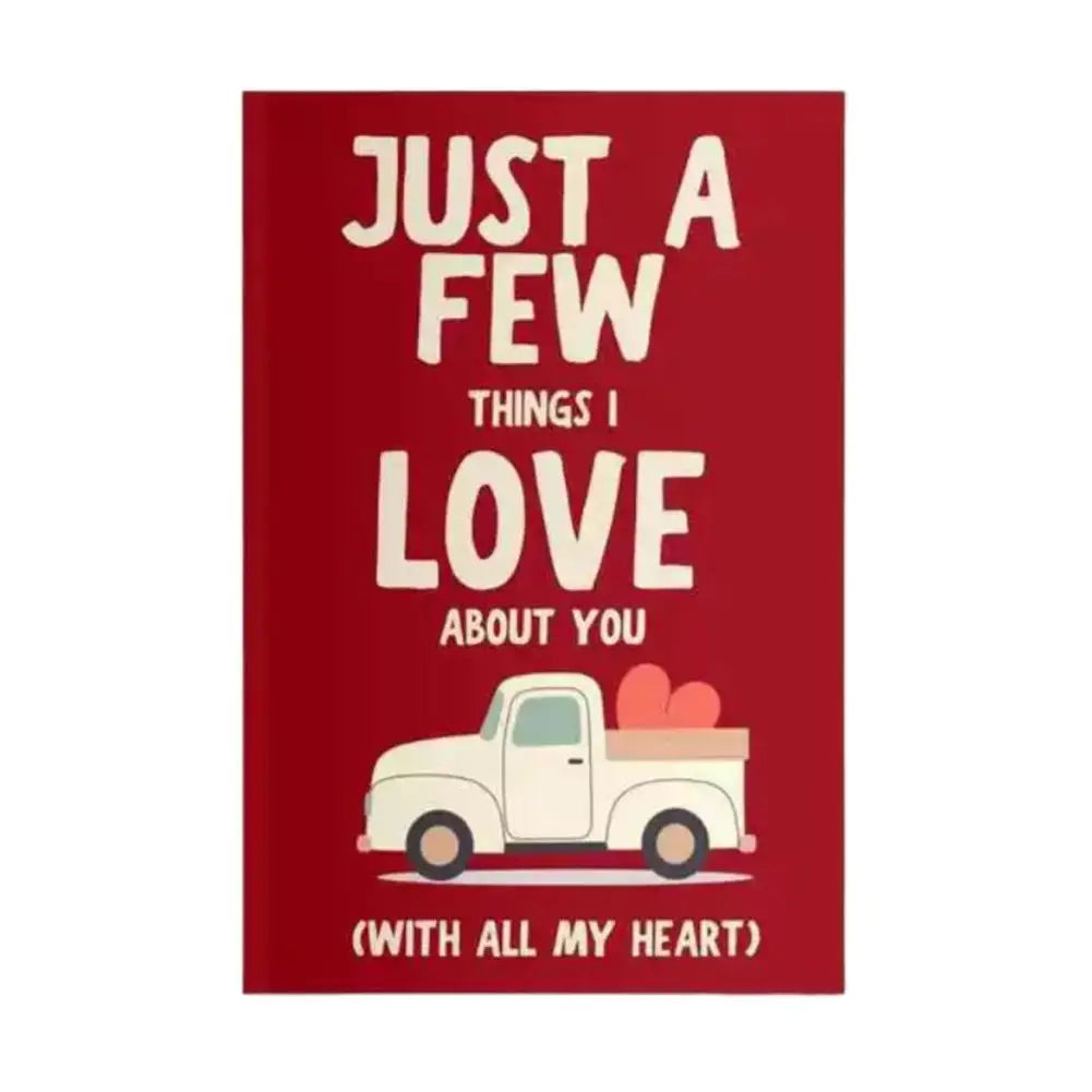 Red card with a white truck and hearts, featuring text on a white background