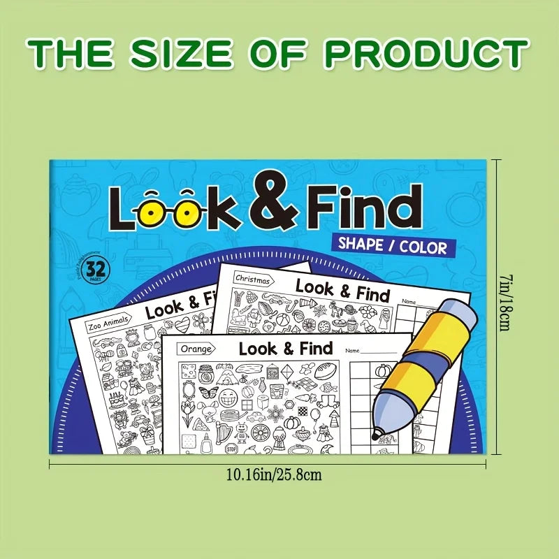 Product packaging for 'Look & Find' with dimensions on a green background