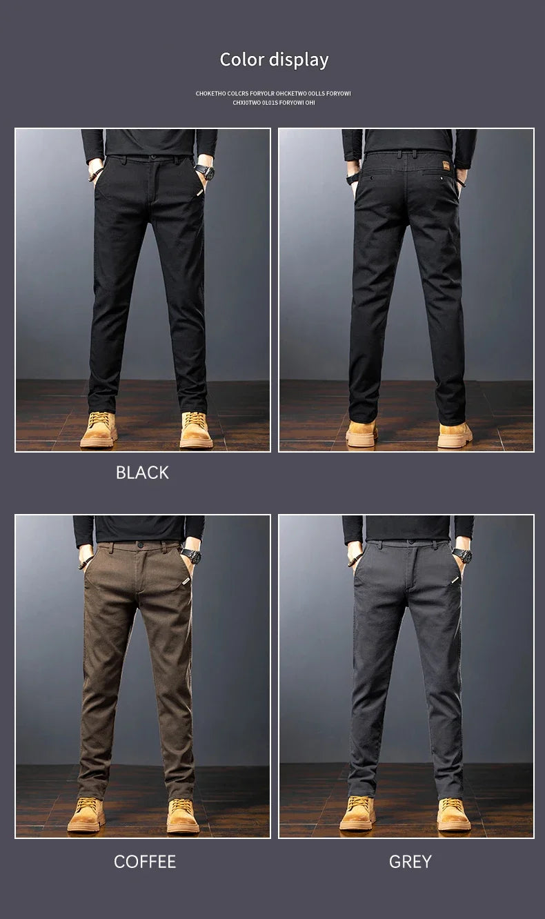Four views of black, coffee, and gray pants on a person against a neutral background.