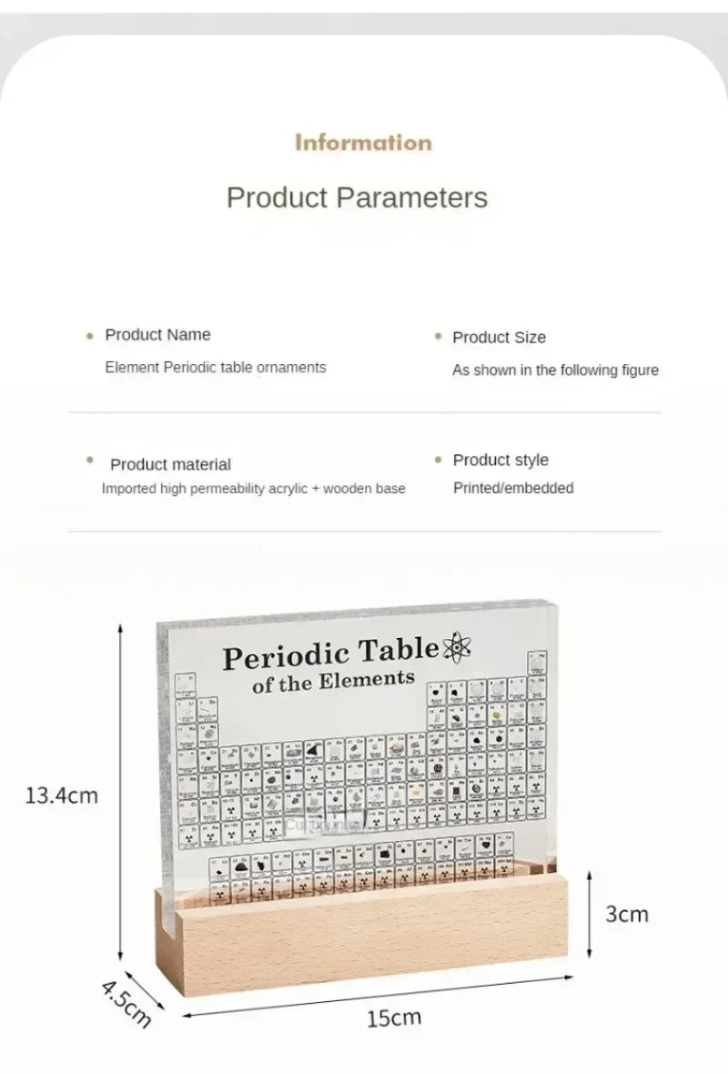 Product parameters of a periodic table ornament with dimensions and material details.