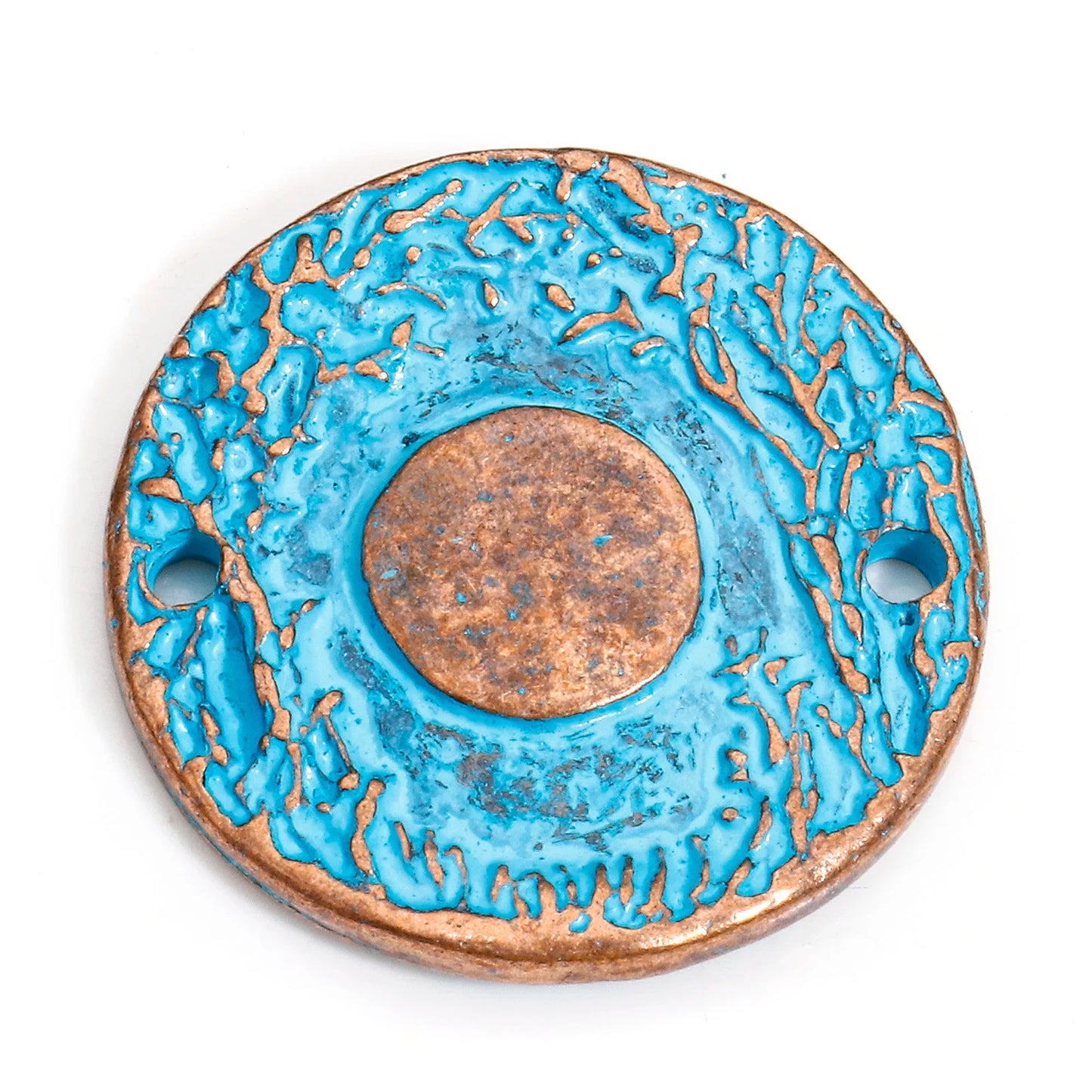 Decorative circular object with blue and bronze finish on a white background