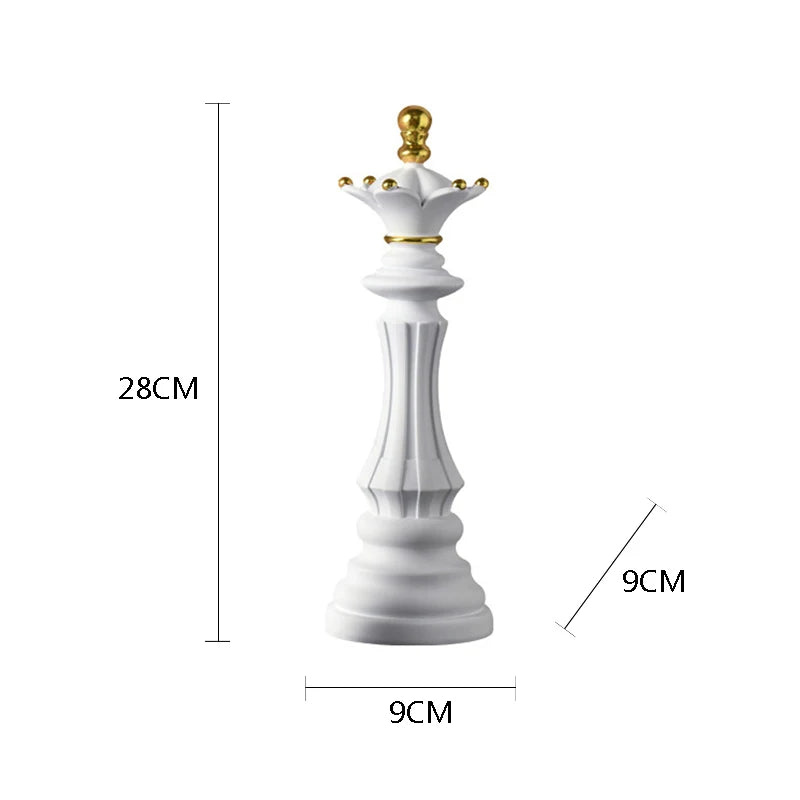 White chess piece with gold crown, shown with measurements on a white background