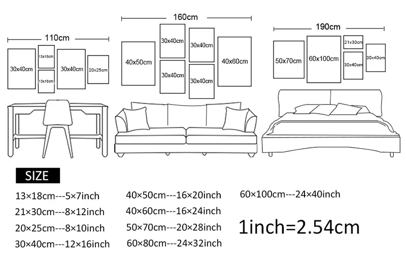 Room layout with furniture and measurements in centimeters and inches.