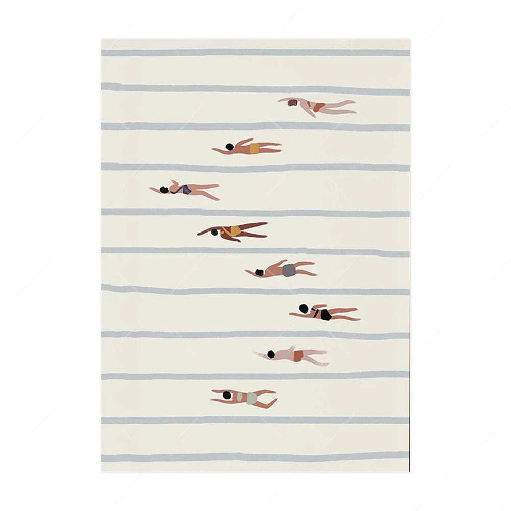 Poster with striped pattern and illustrations of people swimming on a white background