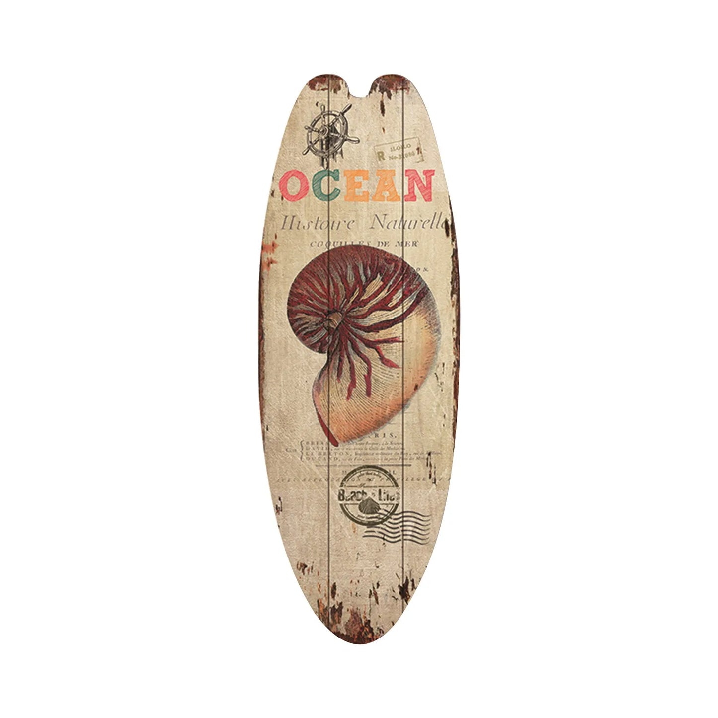 Decorative surfboard with shell design and 'OCEAN' text on a white background