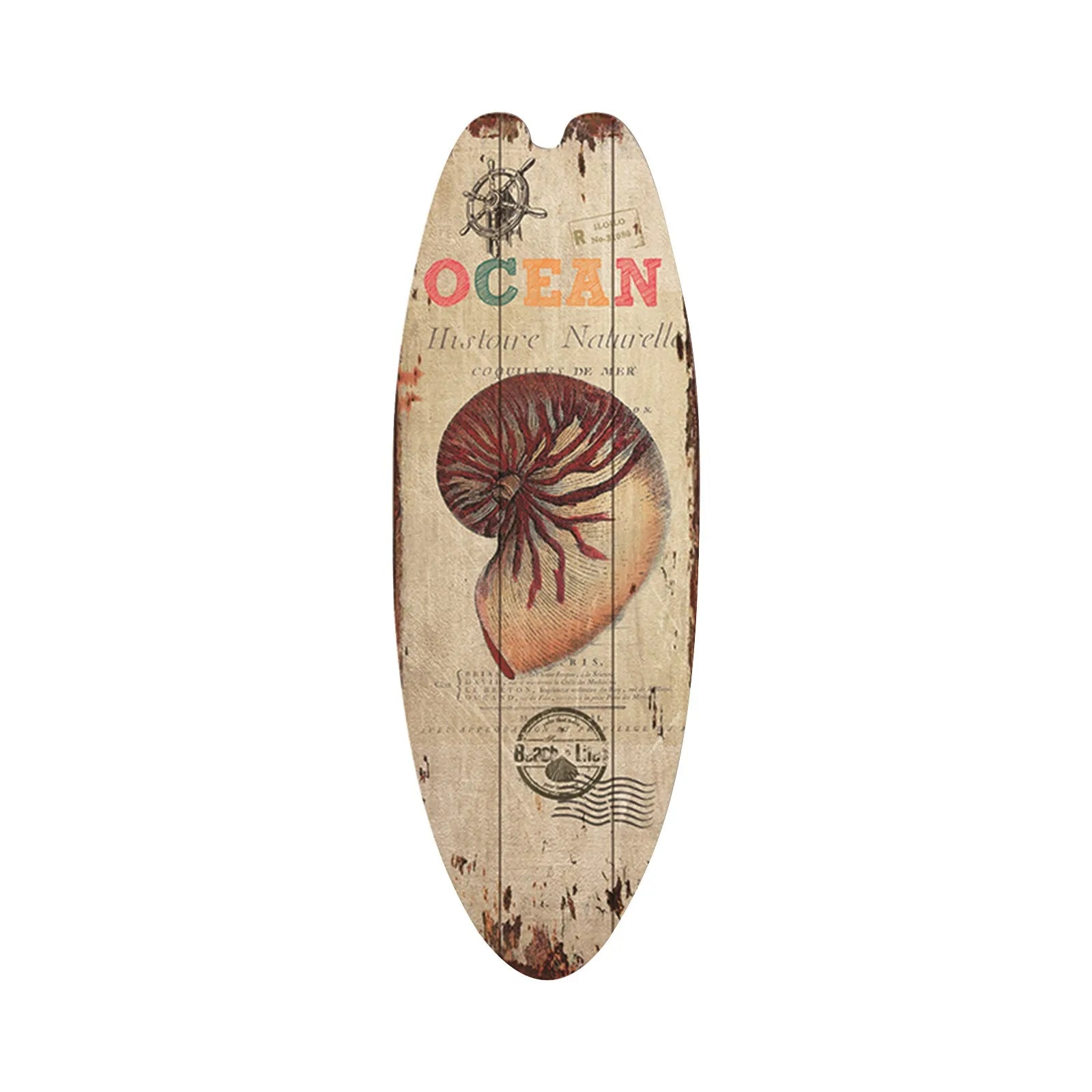 Decorative surfboard with shell design and 'OCEAN' text on a white background