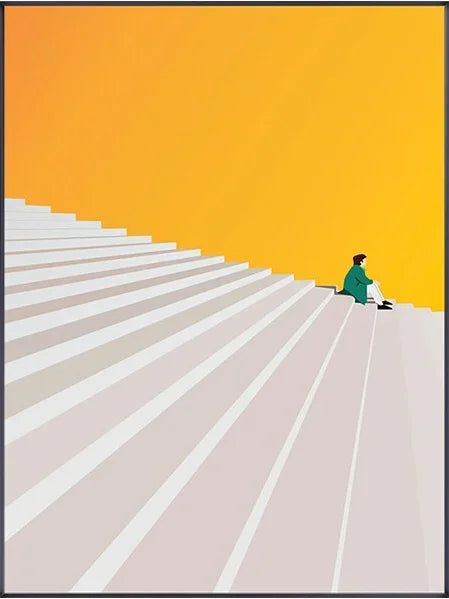 Person sitting at the top of a long staircase with a bright yellow background