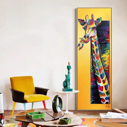 Colorful giraffe painting on a wall in a living room with a yellow armchair and side table.