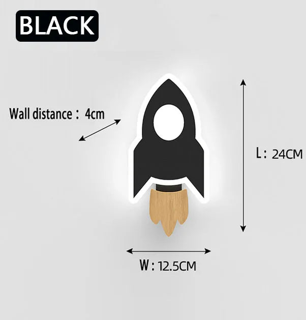 Black rocket-shaped wall hook with measurements on a gray background
