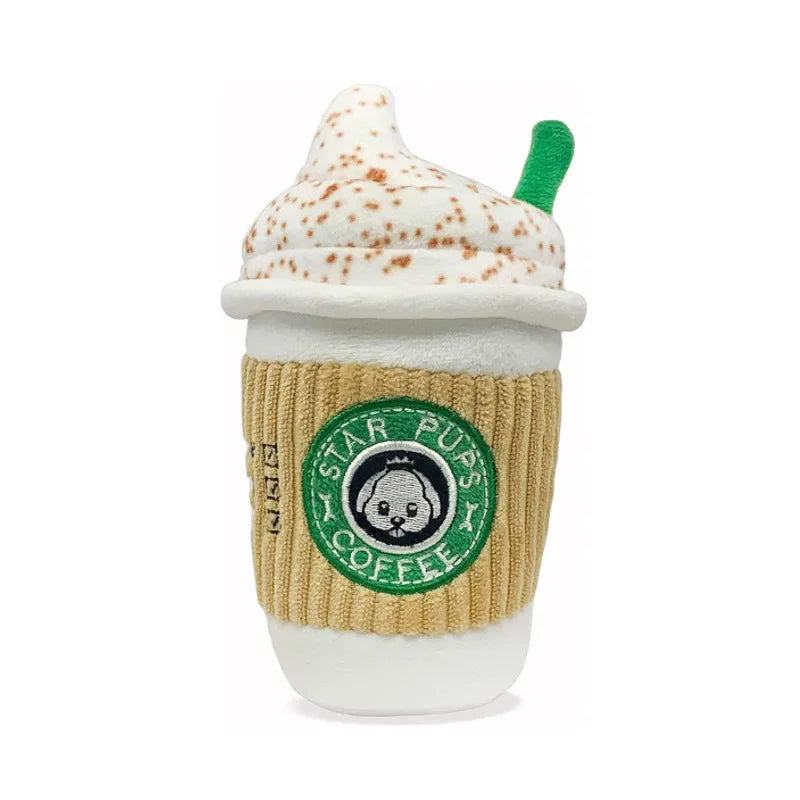 Dog plush coffee cup toy with squeaker made from soft fleece material