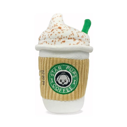 Dog plush coffee cup toy with squeaker made from soft fleece material