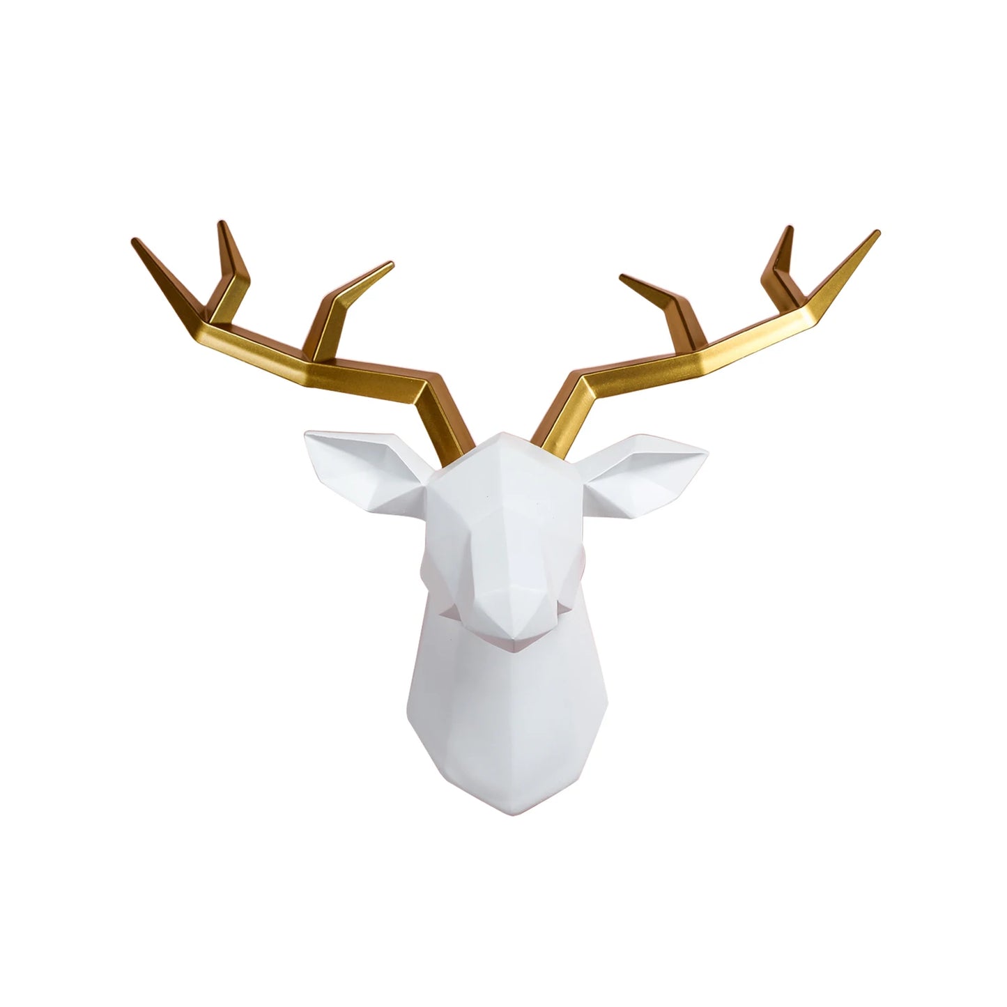 White deer head with gold antlers on a white background