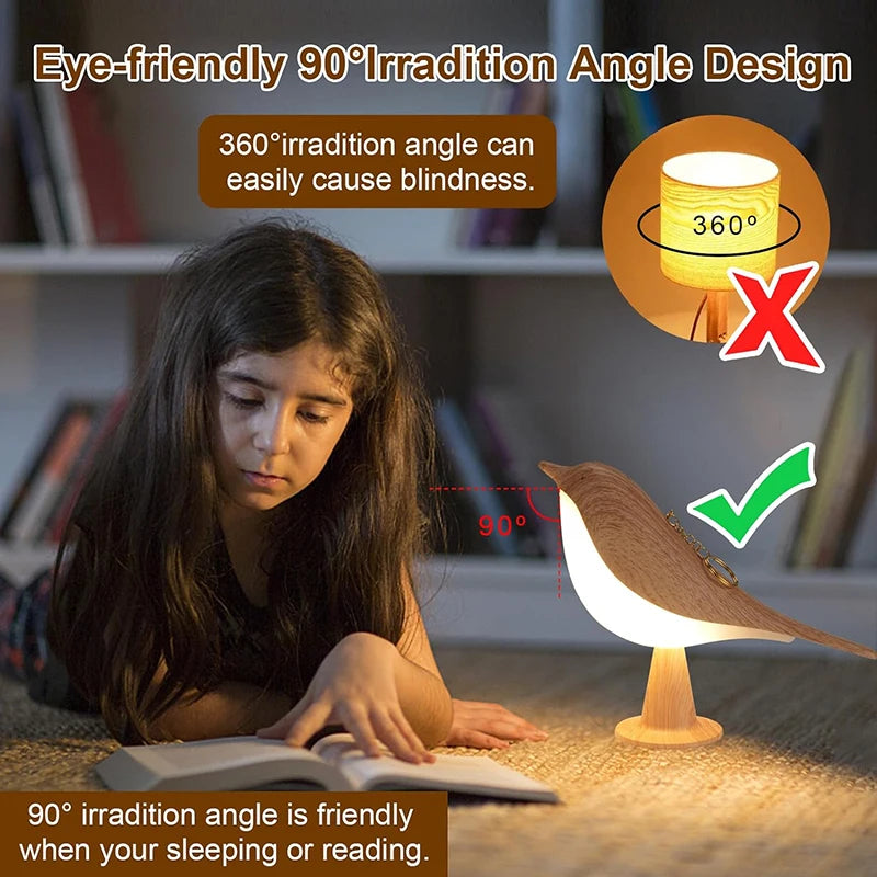 Woman reading a book with a bird-shaped lamp next to her, emphasizing a 90-degree irradiation angle design.
