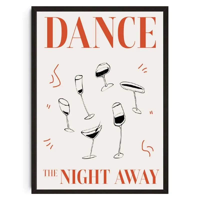 Poster with drink illustrations and text 'Dance the Night Away' on a white background