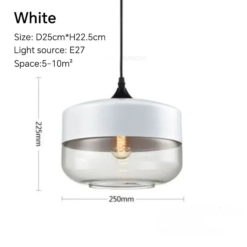 White pendant lamp with dimensions and specifications on a white background