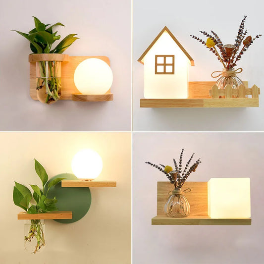 Wooden wall lamps with built-in shelves, globe and house-shaped lights, and plant holder designs