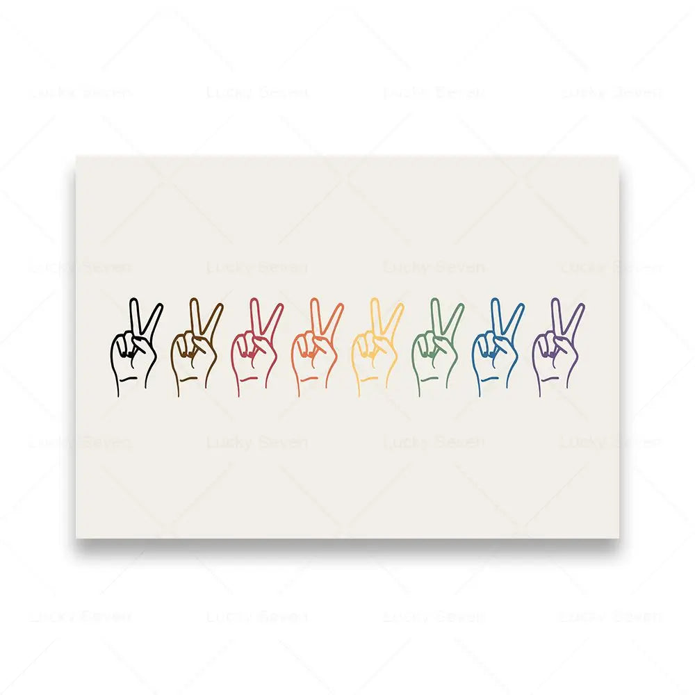 Row of hands making peace signs in rainbow colors on a white background