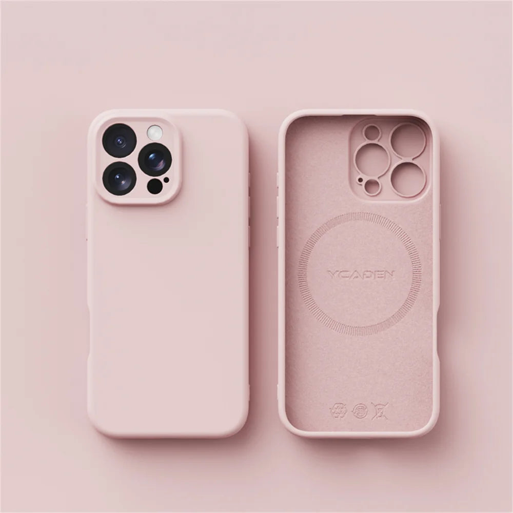 Pink phone case with brand logo on a pink background