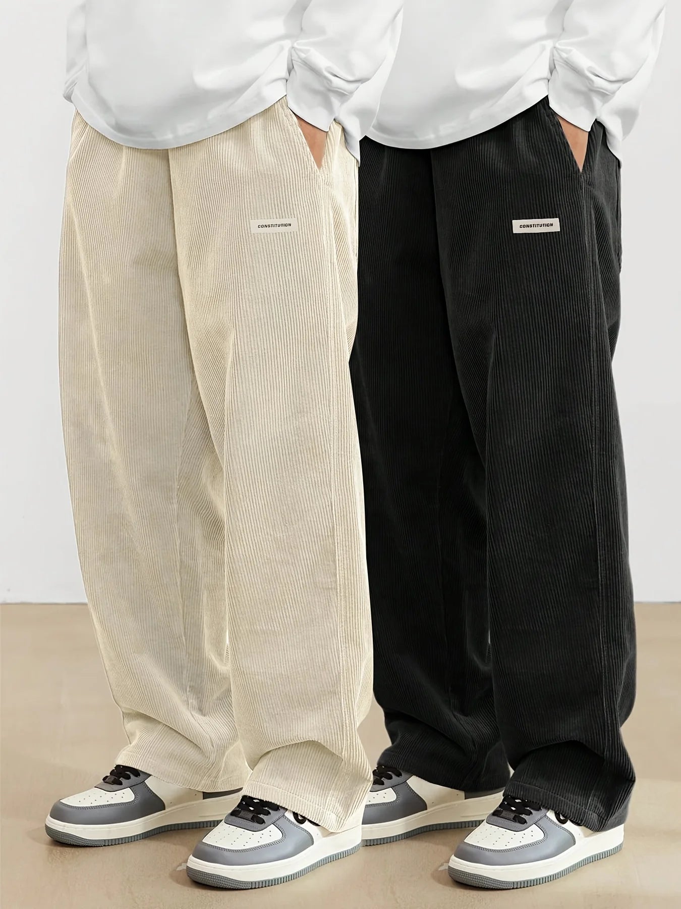 Two pairs of wide-leg pants, one beige and one black, worn by models on a plain background.