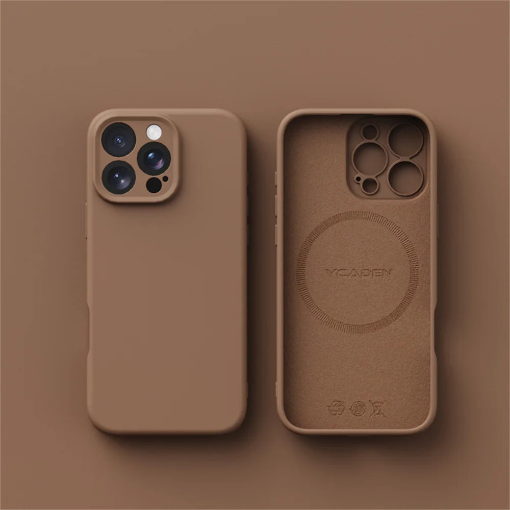 Brown phone case with brand logo on a brown background