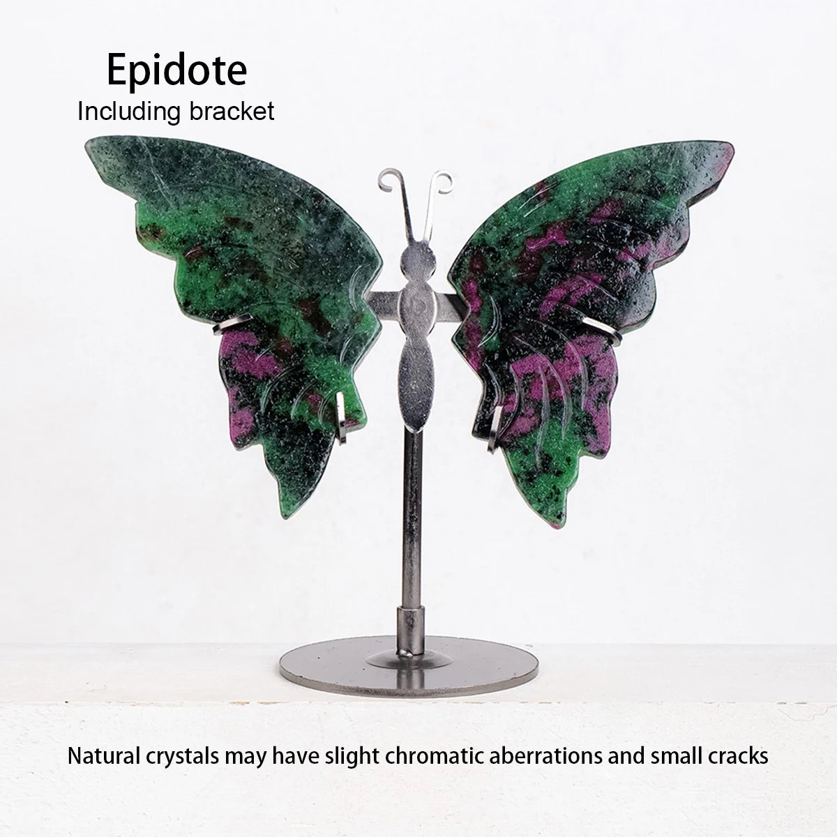 Butterfly-shaped crystal on a stand with 'Epidote' label and bracket.