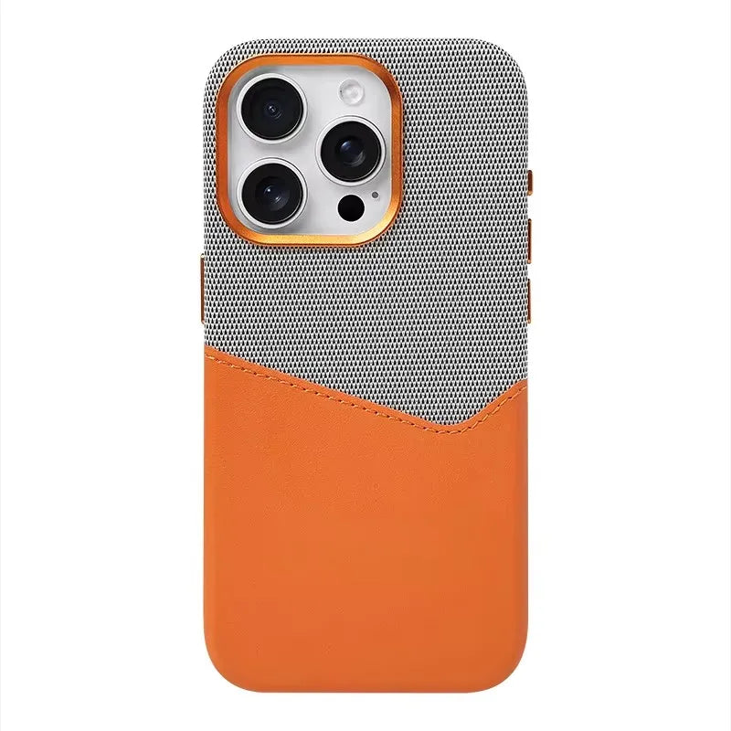 Phone case with orange and gray design on a white background