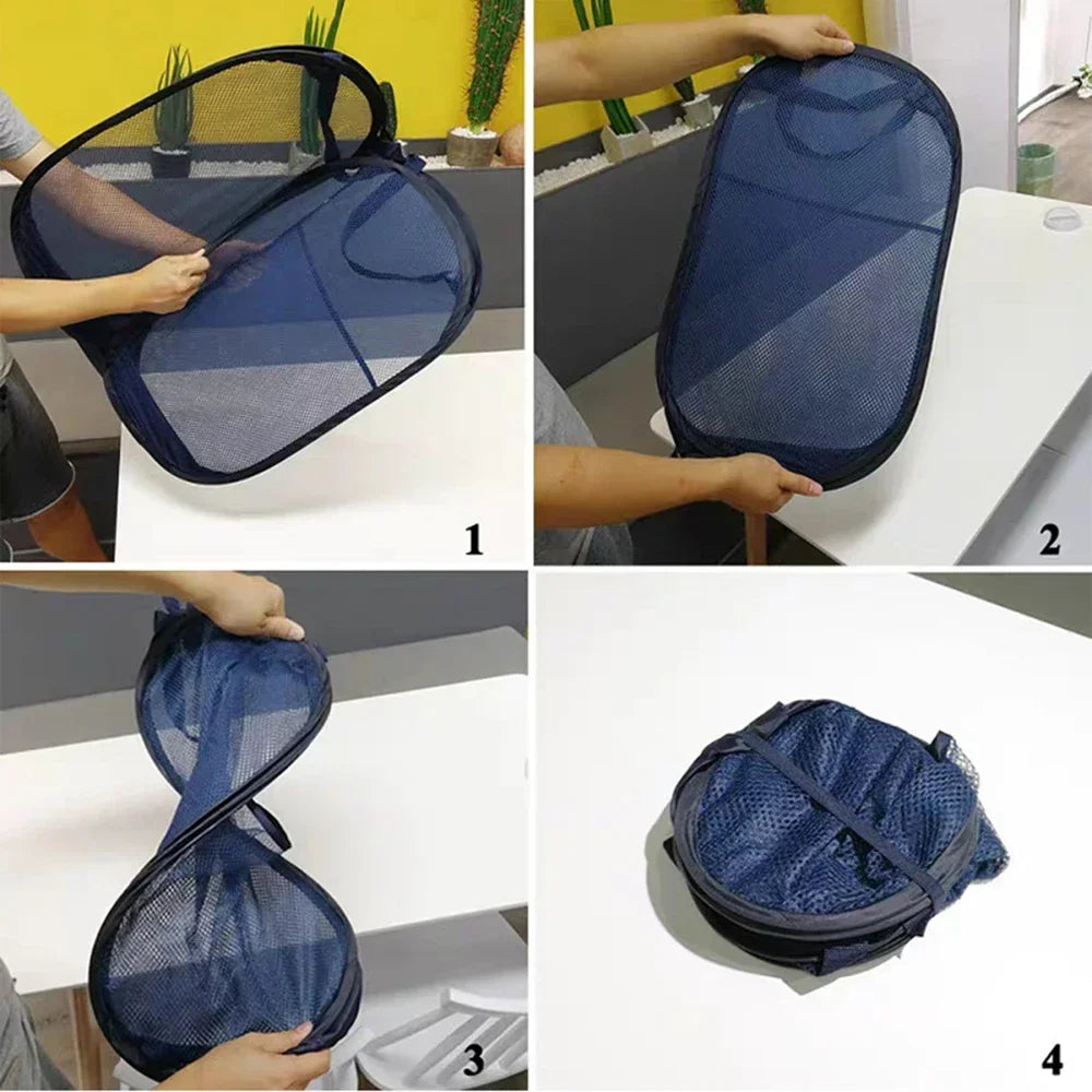 Collage of a person folding a blue mesh laundry bag on a white table.