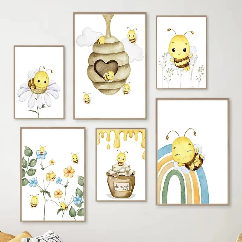 Set of six framed illustrations of bees and honey on a wall.
