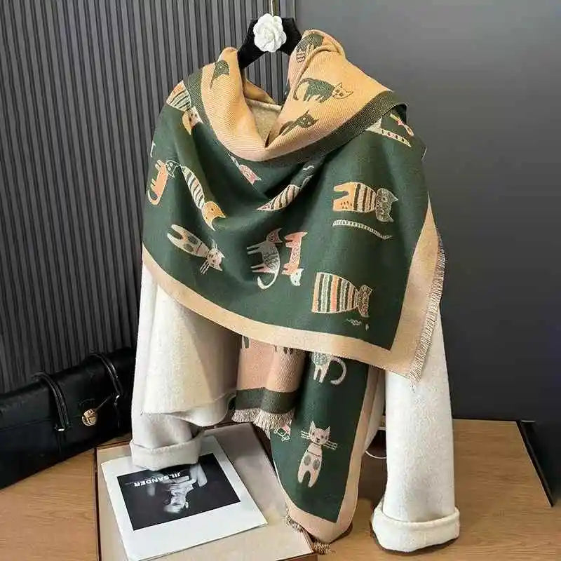 Cute Cat Double-Sided Winter Scarf Shawl – Soft Oversized Knit Wrap for Women