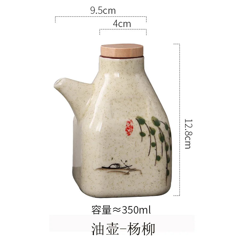 Ceramic oil container with wooden lid and floral design, shown with measurements on a white background.