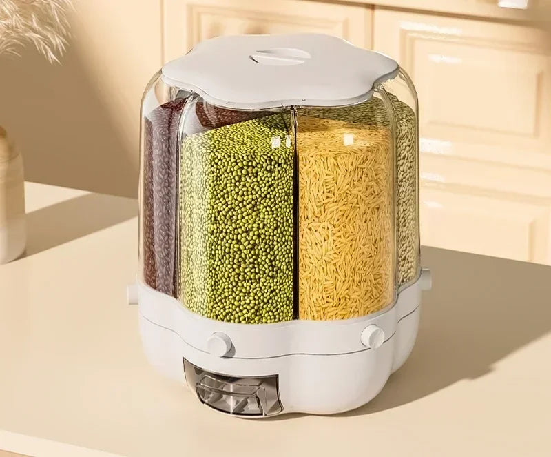 360° rotating cereal and grain dispenser with multiple compartments