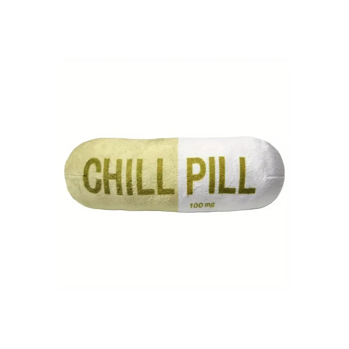 Cylindrical pillow with 'Chill Pill' text on a white background
