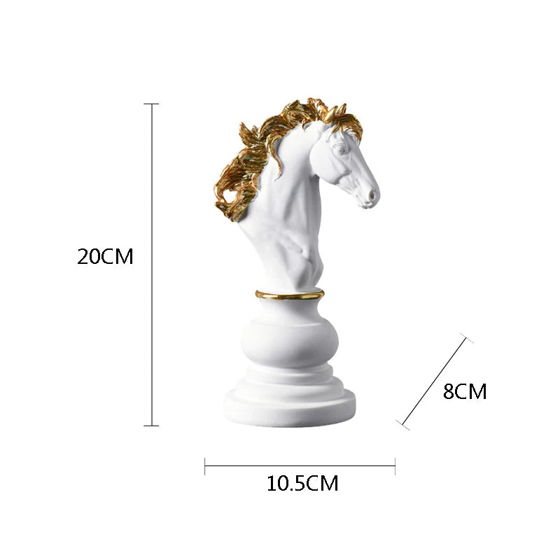 White horse figurine with gold mane and tail, measurements indicated on a white background