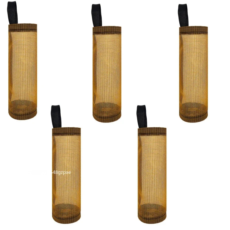 Five cylindrical rattan plant hangers with black straps on a white background