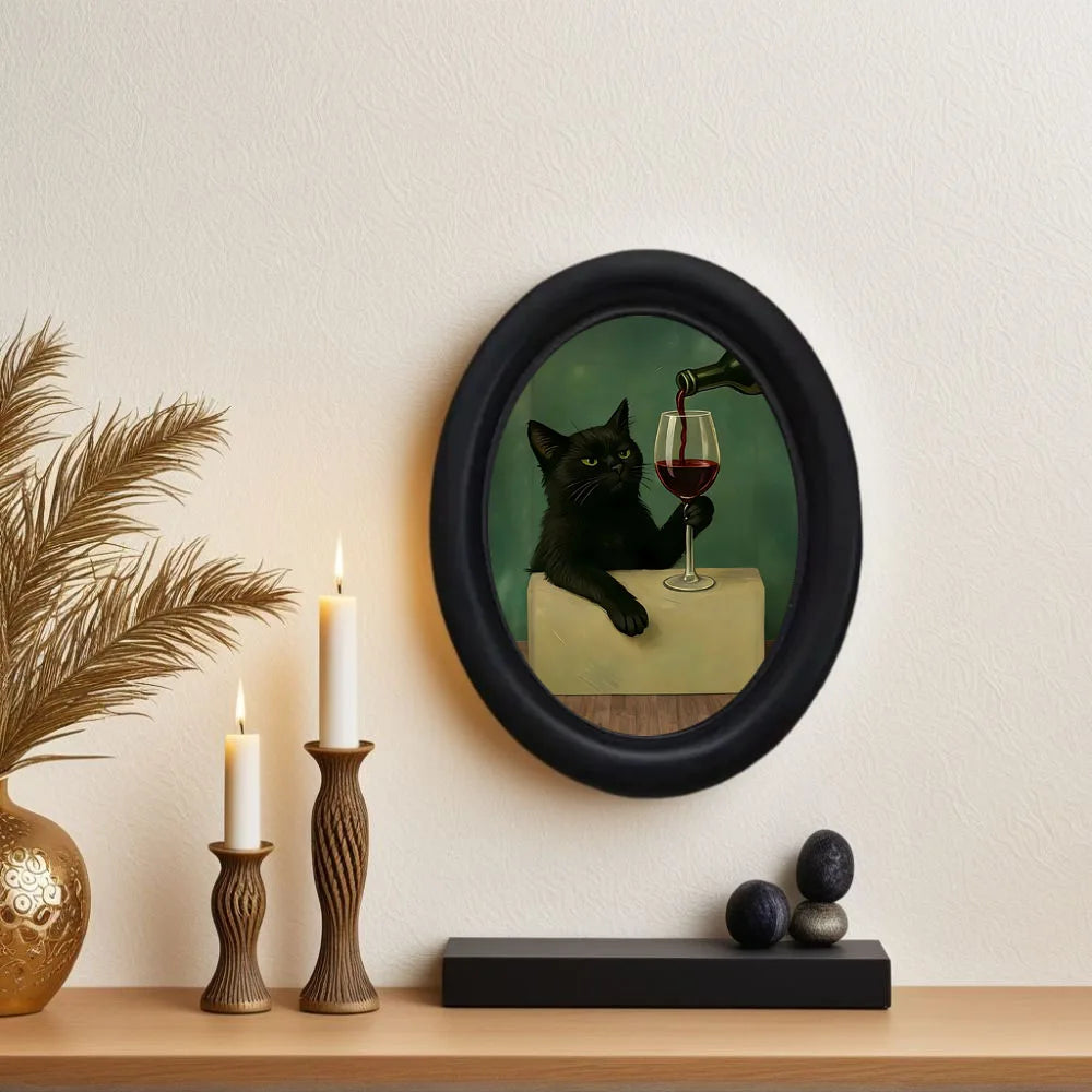 Decorative wall picture with a black cat theme on a shelf with candles and plants.