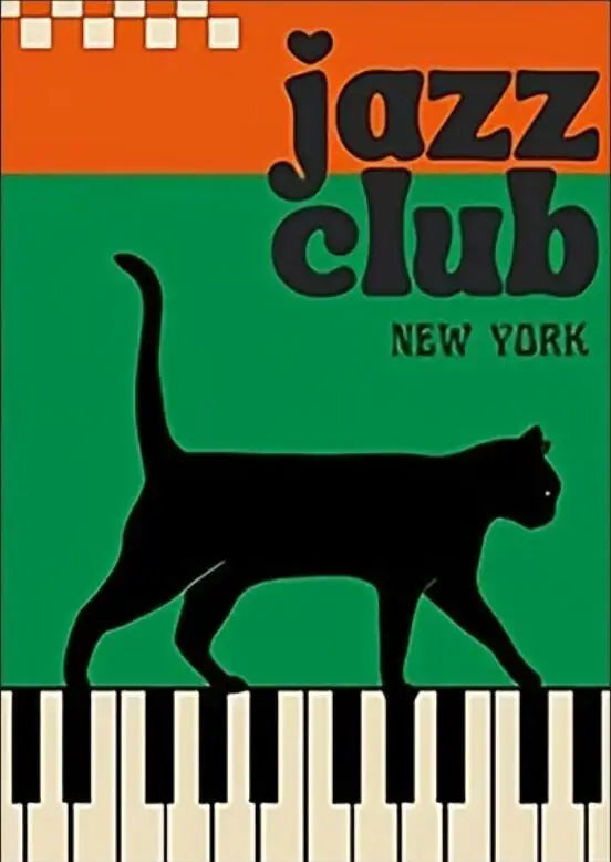 Poster for Jazz Club New York with a black cat silhouette on a green background and piano keys at the bottom.
