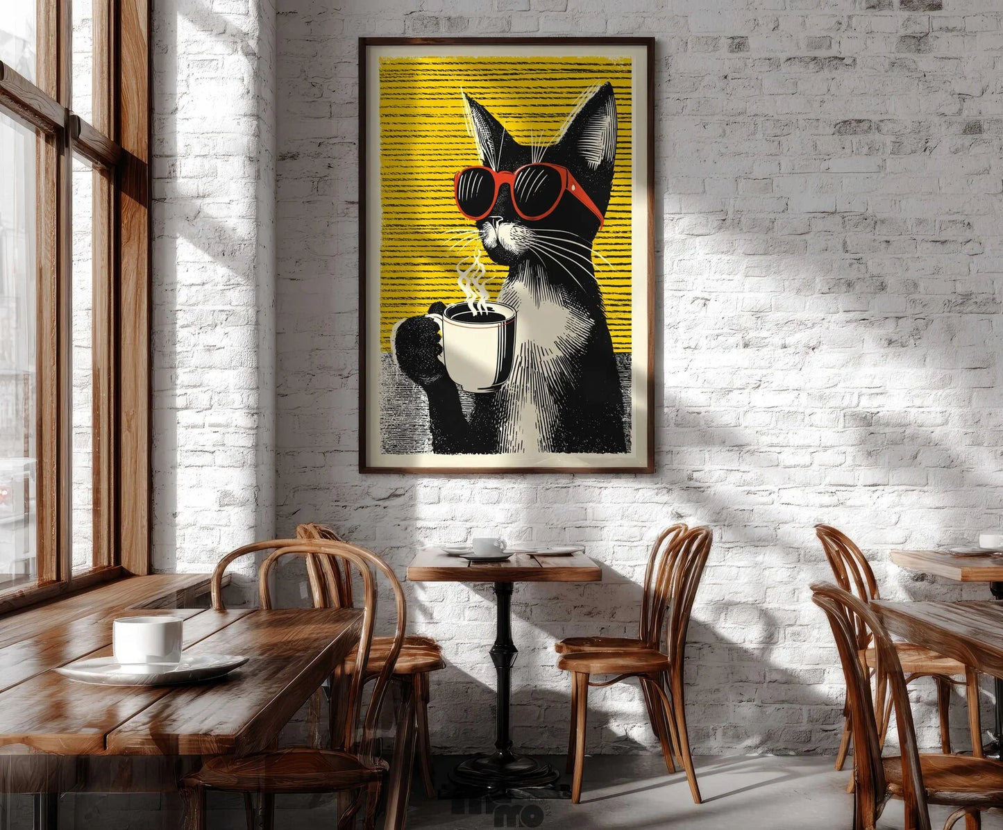Framed artwork of a cat drinking coffee on a wall in a café setting
