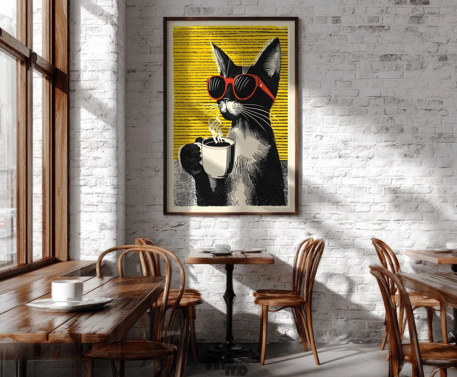 Framed artwork of a cat drinking coffee on a wall in a café setting