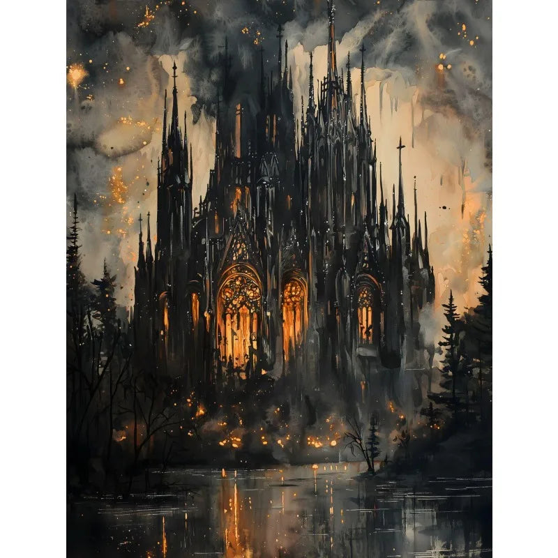 Gothic cathedral at night with illuminated windows surrounded by trees and mist.