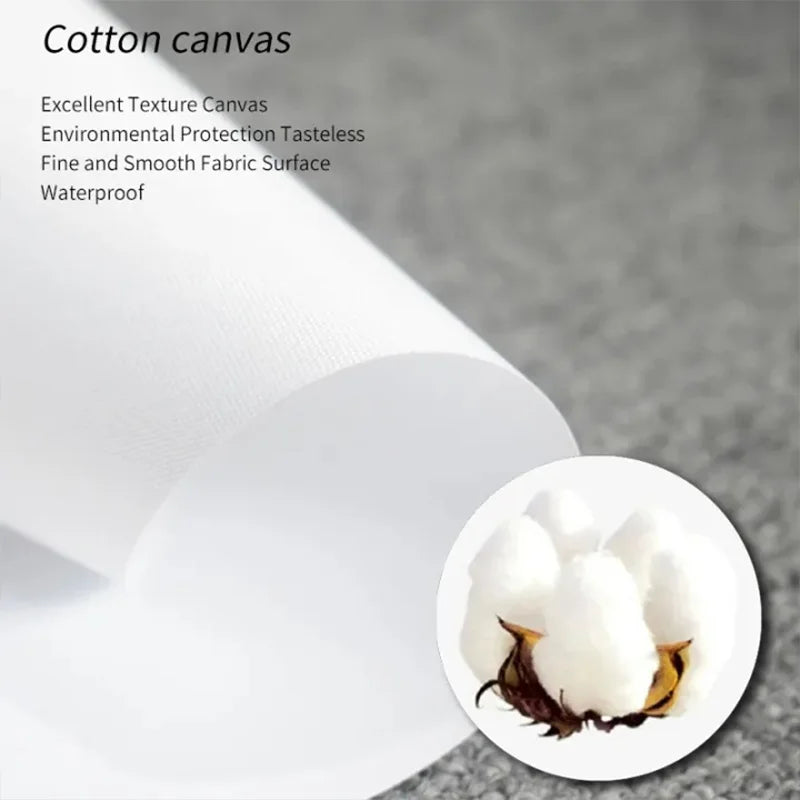Cotton boll with text describing cotton canvas properties on a gray background