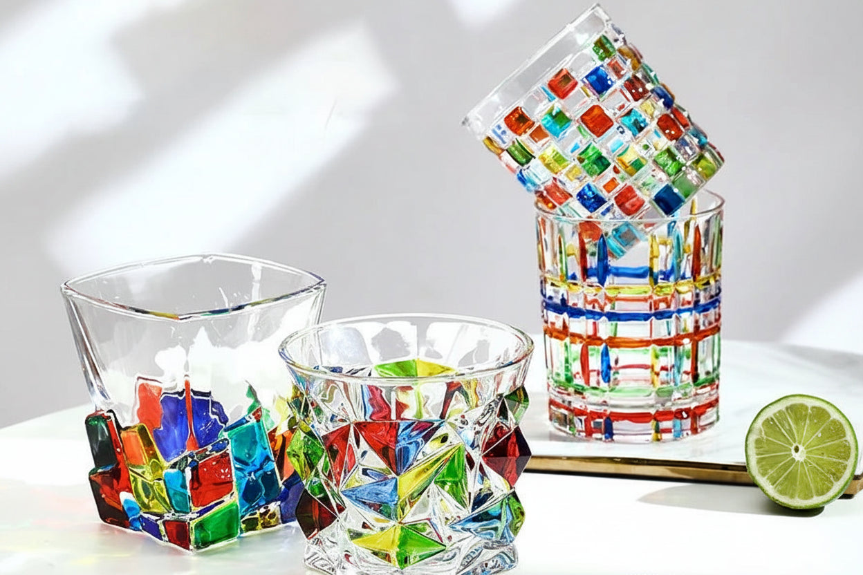 Colorful glass tumblers with geometric patterns on a white surface.