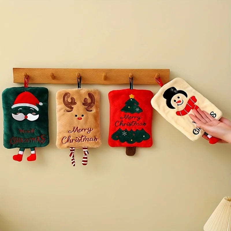 Merry Christmas Cartoon Hand Towels – Soft Coral Fleece Hanging Holiday Towels