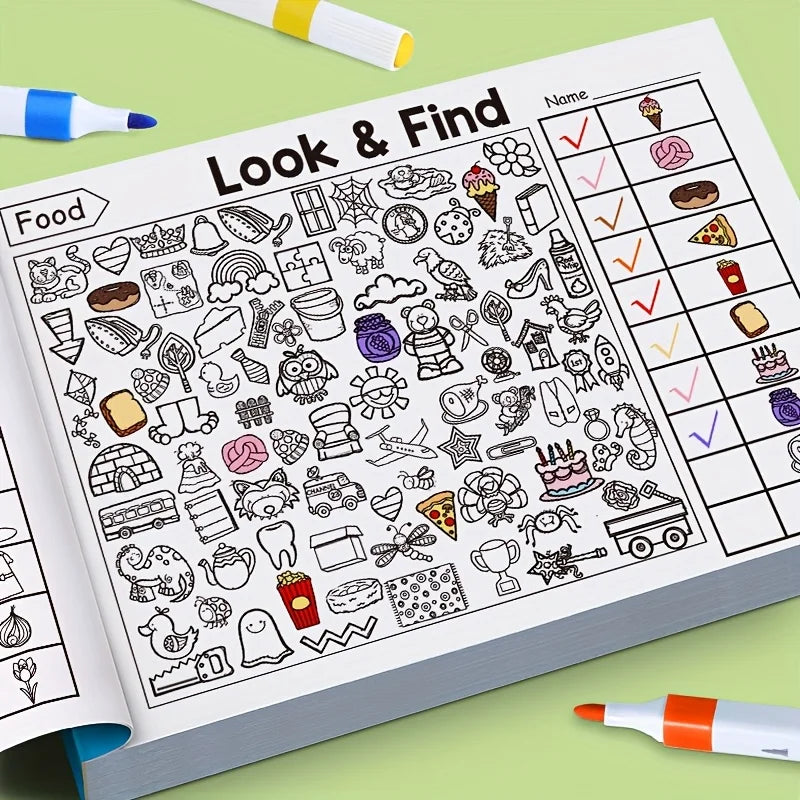 Children’s hidden object colouring book with look and find search activities and black and white illustrations